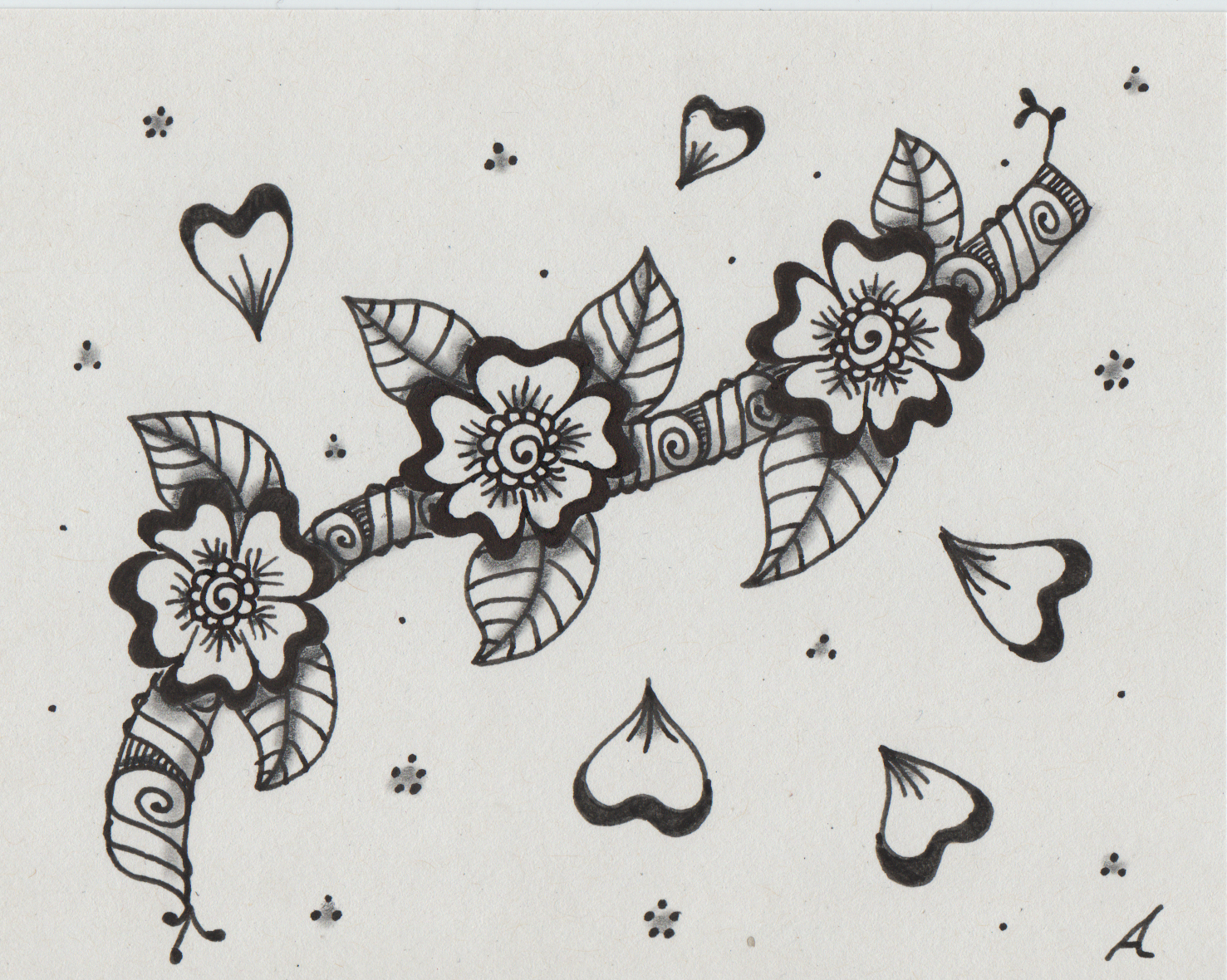 Mayday: a black and white doodle drawing of a branch with three blossoms on it. the petals are in the shape of hearts