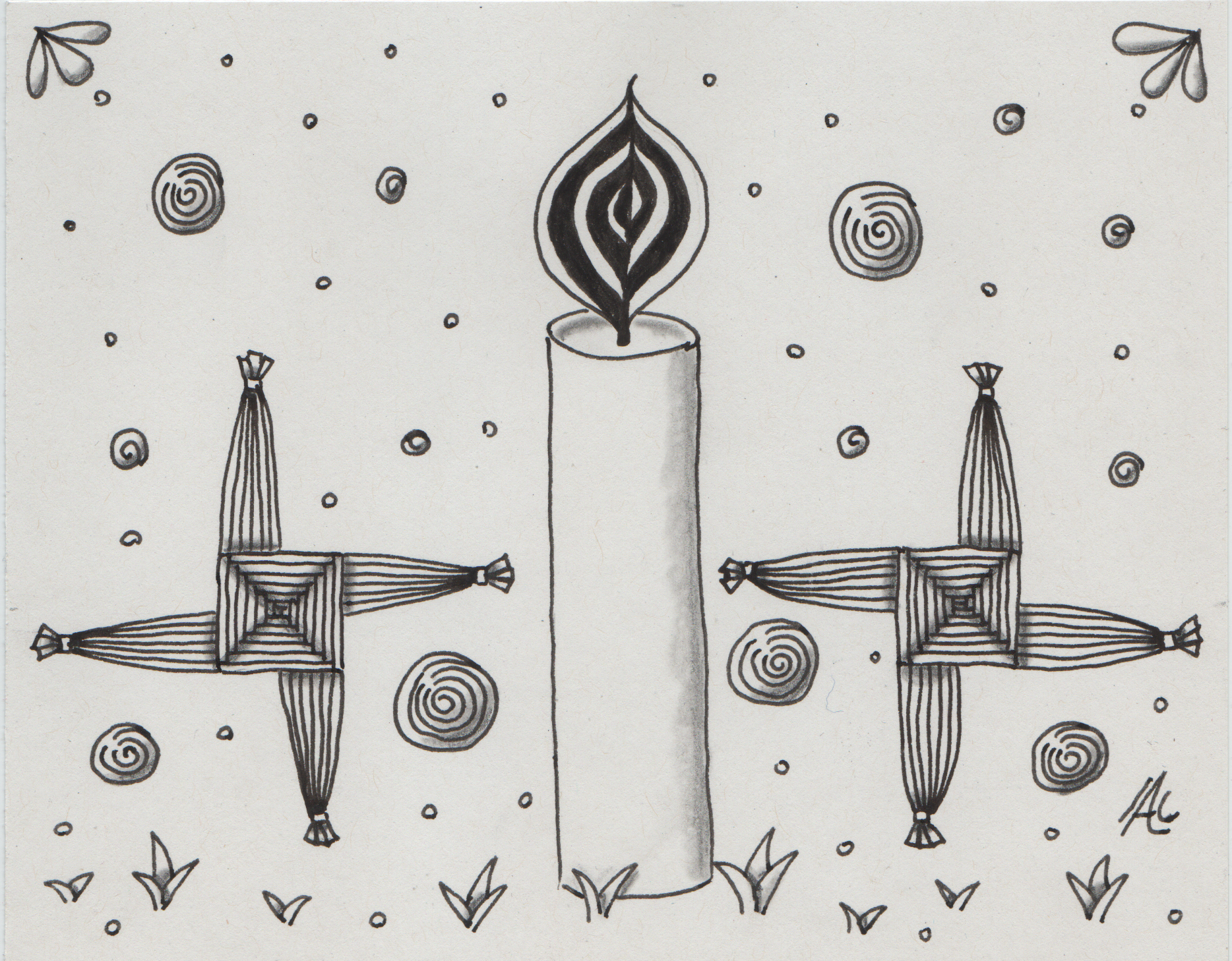 imbolc: black and white drawing of a white candle. to the right and the left are two brighid's crosses. at the biottom there are tiny grass shoots coming from the ground