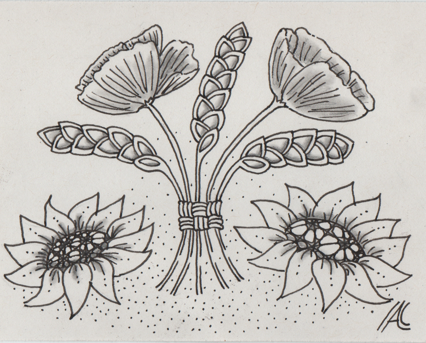 lughnasadh: black and white drawing of three sheaved of wheat bound together with towo poppy flowers. in the bottom corners are two sunflower heads