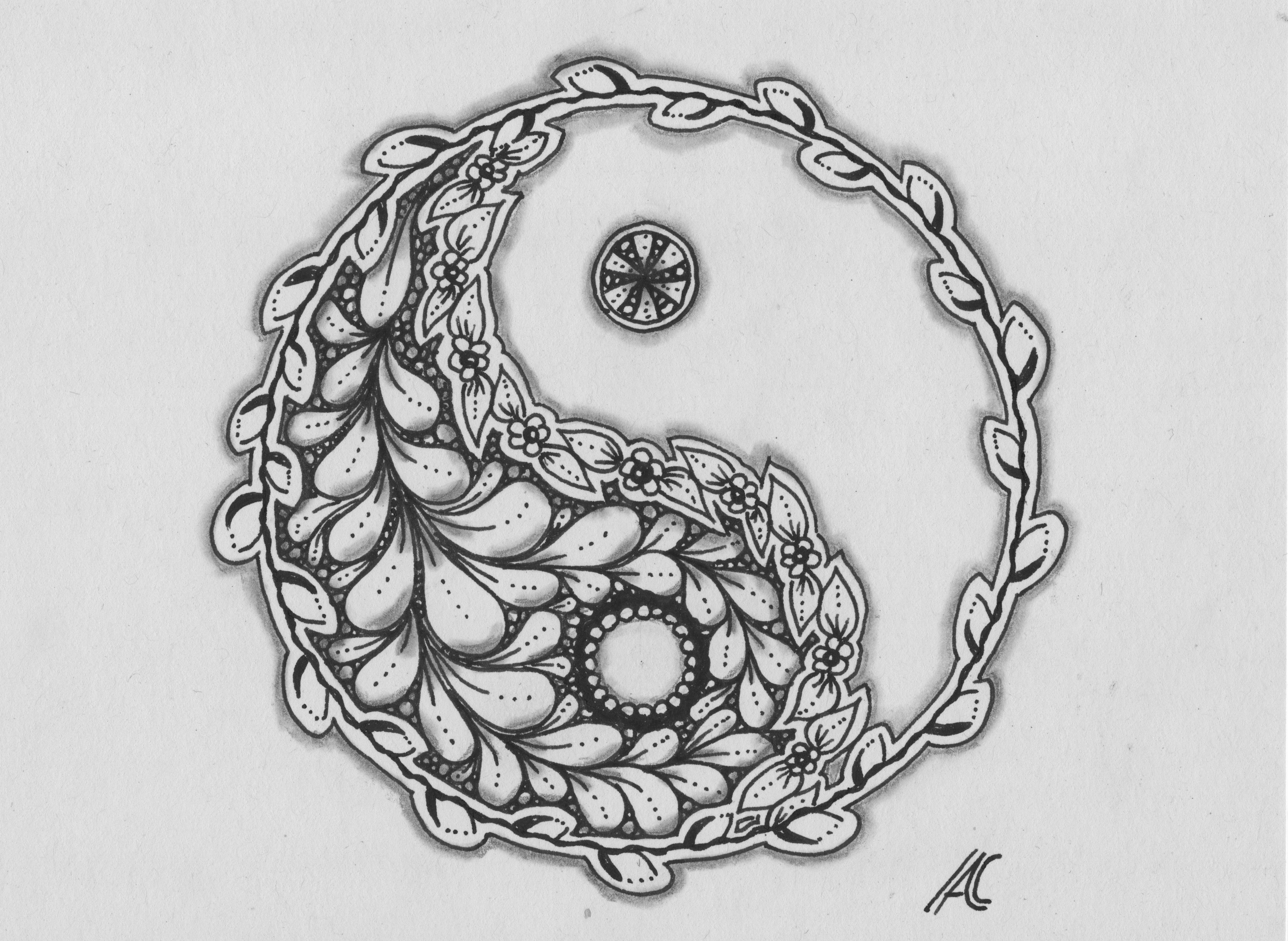 spring quinox: a balck and white drawing in a yin yang shape. One half is empfty, the other is filled with leaves.