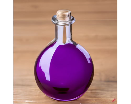 blossom: AI image of a purple potion in a stoppered round glass flask on a wooden table